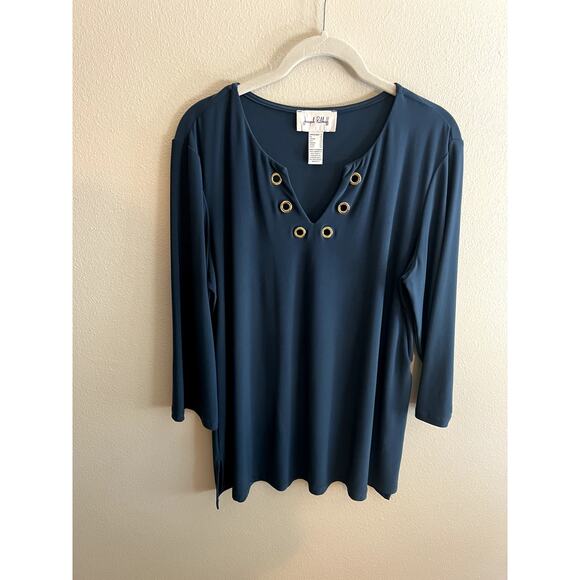 Joseph Ribkoff Top blue v-neck w grommets  3/4 length sleeve  sz12 - Picture 1 of 6